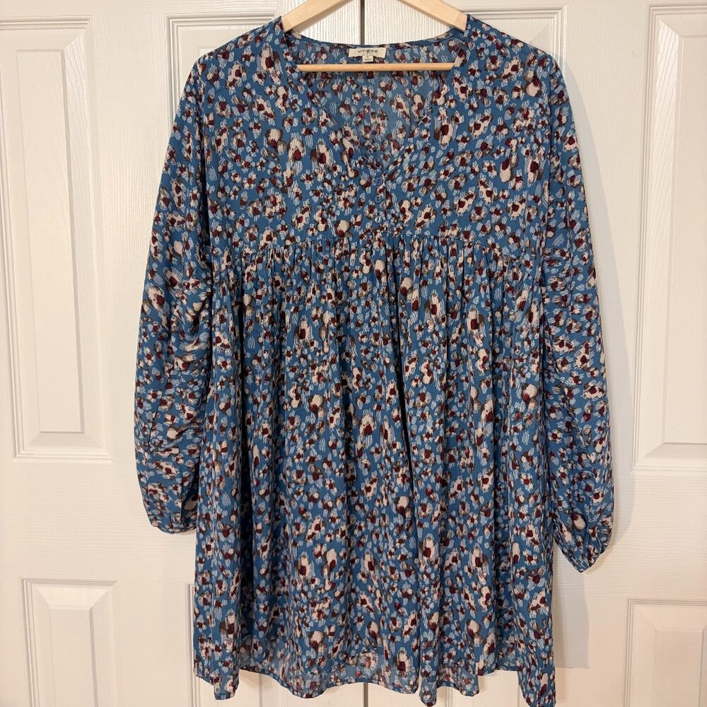 Boho Mini Peasant Baby Doll Dress Tunic Blue Mixed Print Size Small - Picture 7 of 8